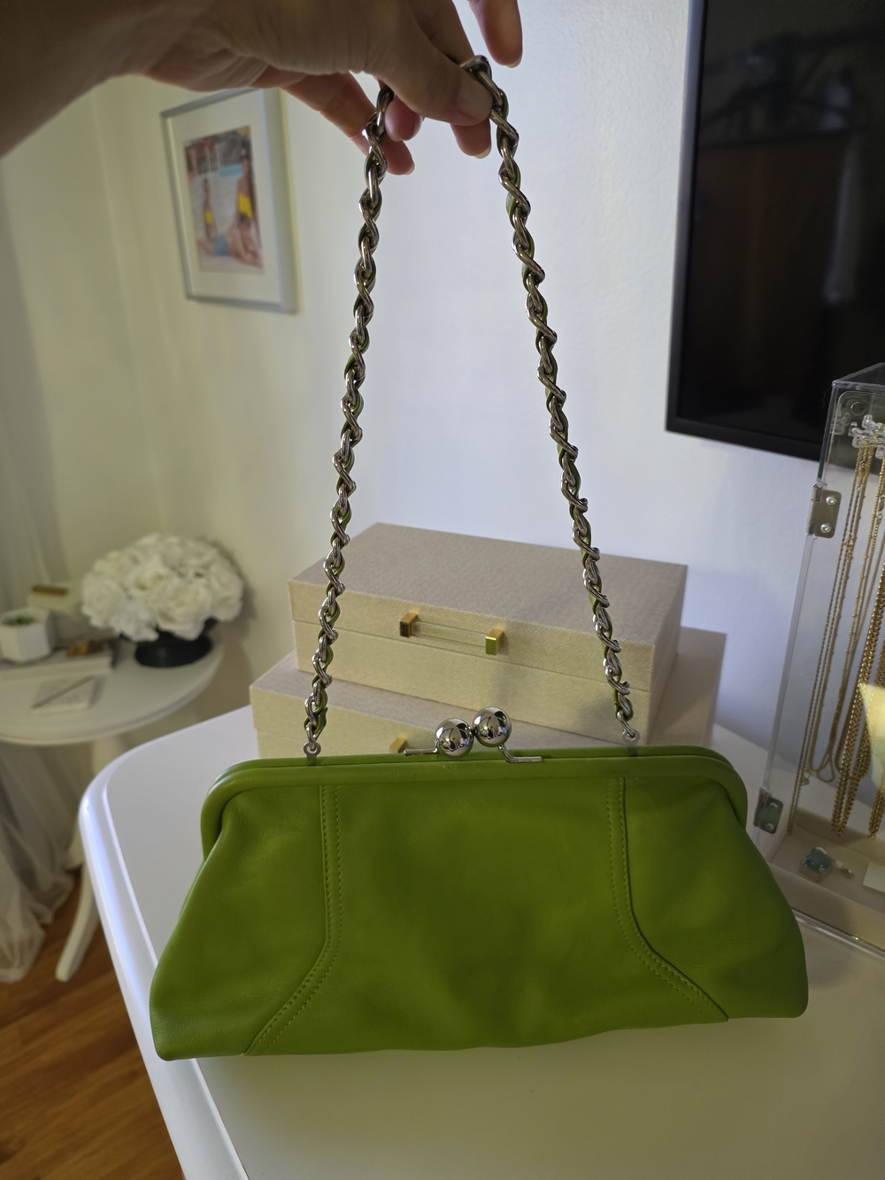 Green Leather Chain-Handle Shoulder Clutch